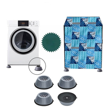 Washing Machine Cover & universal fit Anti-Vibration feet Pad 4pc set combo Sutaible for IFB Model Executive Plus  Floral blue print