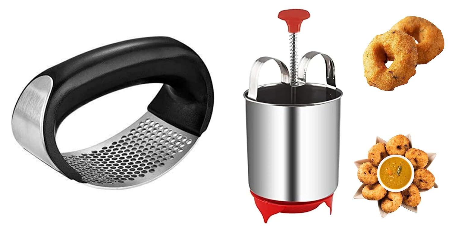 Perfectly Shaped and Crispy Mendu Vada Maker Machine Medu Vada and Donut Maker Stainless Steel for HomemadeStainless Steel Garlic Presser |Garlic Press Crusher andGinger Presser for Kitchen(Combo) Garlic Presser & Medu Vada