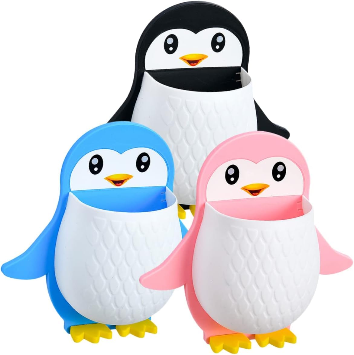 Toothbrush Holder Storage Organizer for Bathroom Wall Mounted Penguin Shape with Self Adhesive Stick Multipurpose Wall Shelves Plastic (Set of 3 Pcs)