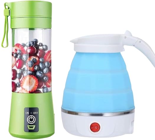 PORTABLE COMBO SILICON Foldable kettle(600ml) and Portable USB Juicer Blender (380ml),Best for Travel,Multicolour