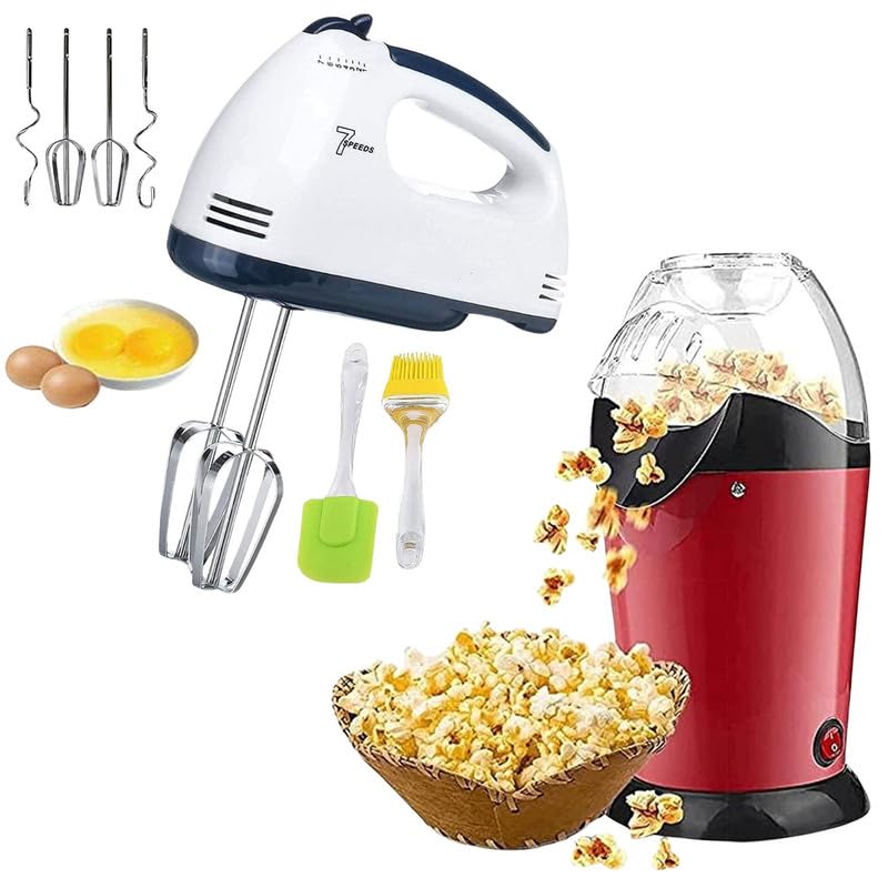 𝐂𝐨𝐦𝐛𝐨 C1317 Hot Air Popcorn Machine, Home Use Electric Big Popcorn Machine & Electric Beater High Speed Hand Mixer Egg Beater for Cake Making