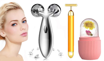 3Pcs Anti Aging T Shape Facial Electric Face Massager Beauty Bar 24k Golden Facial Massager, Ice Roller for Glowing Skin & Puffy Eyes, 3D Roller Massager Kit Skin Care Tools for Face Pull Tight Lift