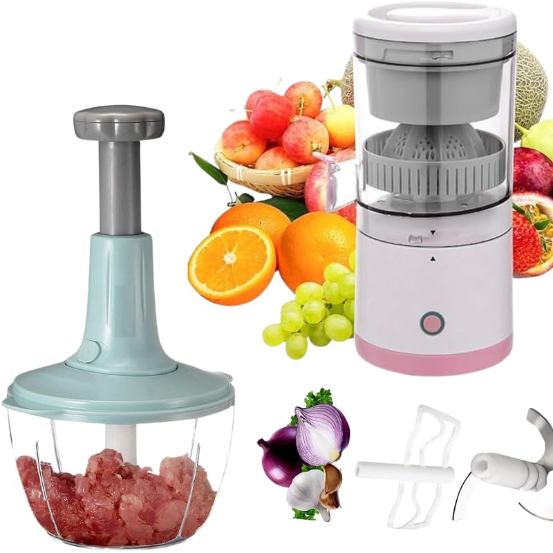 𝐂𝐨𝐦𝐛𝐨  Electric Citrus Juicer Blender – Wireless & Portable for Mosambi, Oranges etc & Manual Food Chopper- Multi-Purpose - Best For Gift